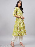 WineRed Women Yellow Floral A - Line Front Slit Kurta