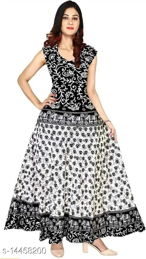 Womens's Long Length Pure Cotton Jaiprui Printed Maxi Dress (Black, White)/ FREE SIZE DRESS FOR WOMEN