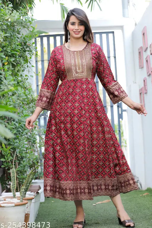 Womens fashion/girls's printed maroon/wine colored embroidered work anarkali kurta for daily wear