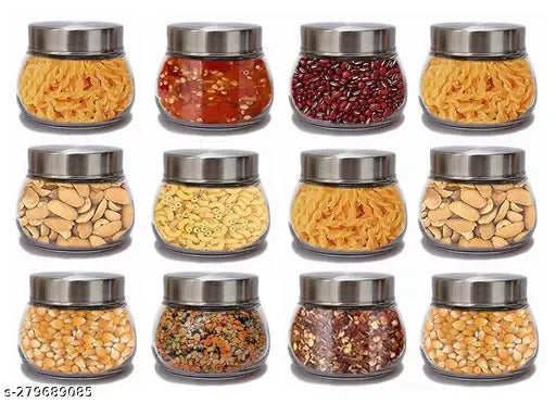 Oval Shape Jar 8pcs Set 300ml, Glass Jars with Rust Proof Airtight Silver Steel Lid for Spices, Honey, Jams, Dried Fruits and More (Set Of 8)