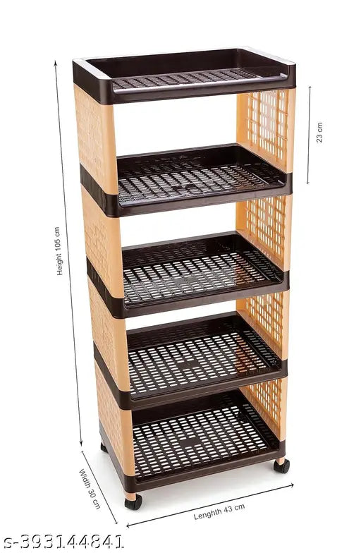 Bience Multipurpose Plastic Trolley with 4 Wheels Rack for Kitchen Fruit Vegetable Storage Basket Organizer Stand Kitchenware Food, Snacks 5 Layer Multi-Purpose Step Shelf Storage Rack (Brown)