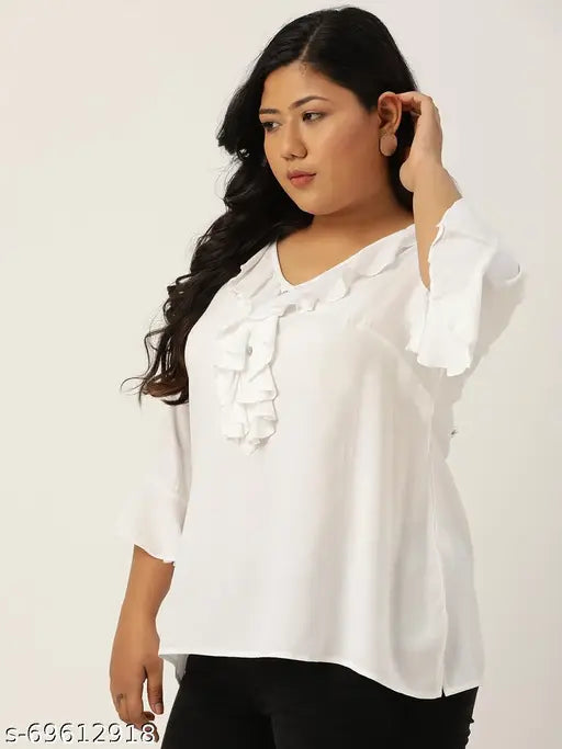 theRebelinme Plus Size Women's White Solid Color Bell Sleeve Regualr Top