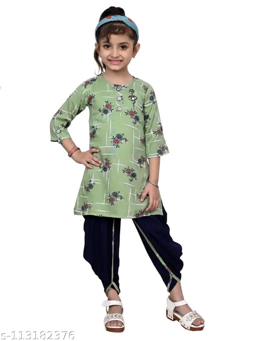 Hariyal Creation Kids Party/Festive Green Designer Checked Patiala Salwar Suit For Girls