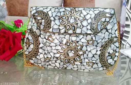 White Mosaic style Handmade metal bag / Party / Clutch / Slingbag