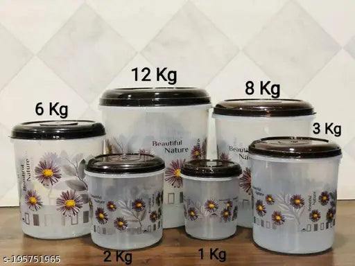 UMA KHODAL 6 Pcs Plastic Container set (12KG , 8KG , 6KG , 3KG , 2KG , 1KG Mixer Grocery Container ) with beautiful design (Brown)