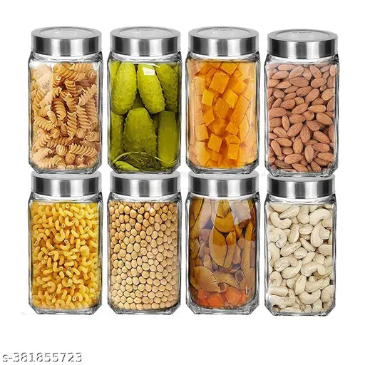 1000ml Transparent Cube Glass Jar/Barni for Kitchen, Achar Pickle, Dry Fruits, Masala, Grocery, Grains Storage Container with Silver See-Through Lid (Set of 8)