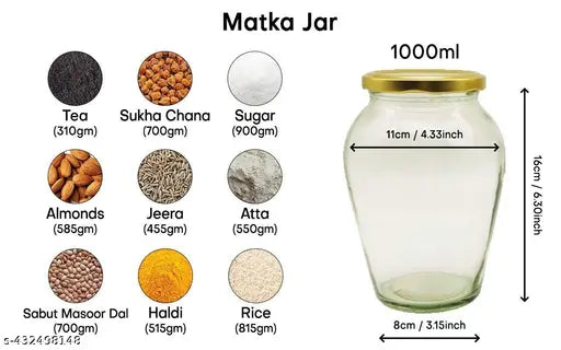 1 Liter Glass Jars with Airtight Golden Lids Kitchen ContainerSet Kitchen Accessories Storage Big Mason Jar and Containers Transparent Matka Shape 1000ml Bottles For honey, jams, pickles, chocolates, Masala, Dry Fruit (Pack Of 6)