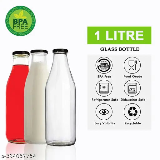 1000ml/1-Liter Glass Bottles with Extra Caps for Multipurpose Use (Pack of 2)