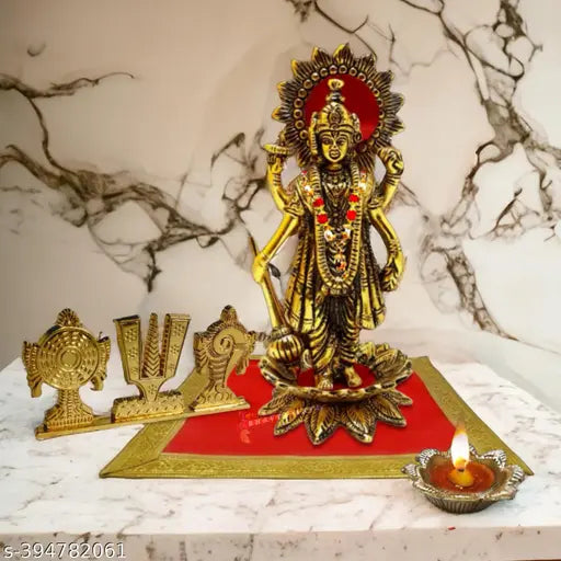 "Bhagwan Vishnu Tirupati at Lotus Flower Idol, Shankh Chakra Tilak Namah, Diya Handicraft Aluminium Metal Tabletop at Red Velvet Carpet Puja Chowki Aasan, Moti Mala For Satya Narayan Vrat Katha, Ekadashi, Car Dash Board, Diwali, Home, Temple, Holi, Kartik