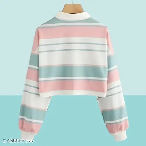 Korean Pastel Perfection: Striped Long-Sleeve Polo Collared T-shirt with Button-Up Front