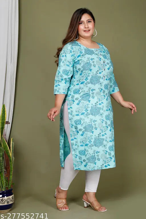 Swasti Women Plus Size Printed CottonStraight Kurta (Light Blue)