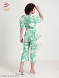 Trendy women Pista printed long stylish jumpsuit puff sleeves v-neck closure button jumpsuit womens Stylish One-Piece Outfit for Women, Modern Jumpsuit Design for Women, Women's Puff Sleeve Jumpsuit.