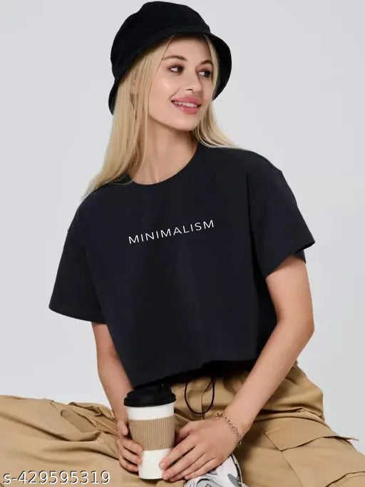 MINIMALISM-Half Sleeve Black Color Crop Tops T-Shirts Casual Round Neck Drop Down Shoulder Trendy Loose Fit Tees For Women's and Girl's