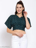 Style Quotient Women Green White Polka Dot Printed Crepe Regular Crop Top