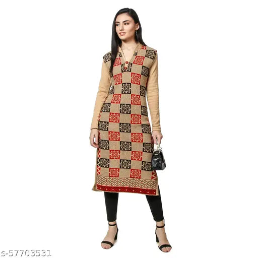 Women's Straight Printed Beige Woollen Kurti