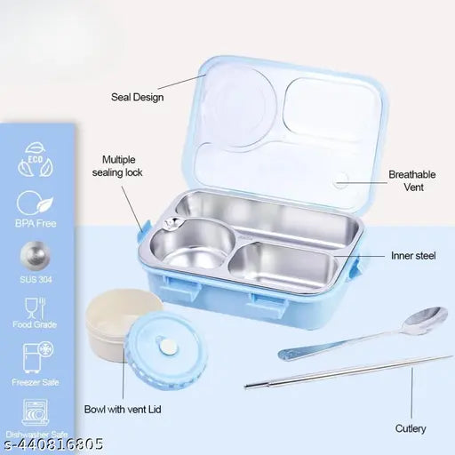 Bento 3 compartment Lunch Box Insulated Air Tight Lunch Box and Portable Utensils, Stainless Steel Lunch Containers, Leak Proof Bento Box for Kids, Adults, Men Women (Blue)