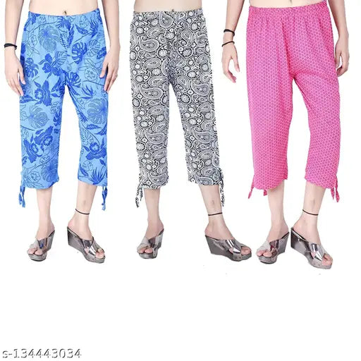 NANDAVAAN Girl's 3/4 th Printed Cotton Capri Free Size - Pack of 3