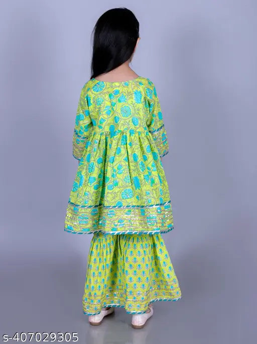 FabJunior Girls Lime Green Cotton Floral Print Anarkali/Flared Kurta & Sharara Set