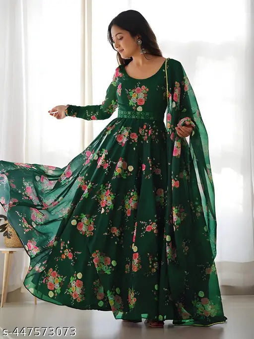 Women's Flowers Printed Anarkli Gown Dress With Dupatta