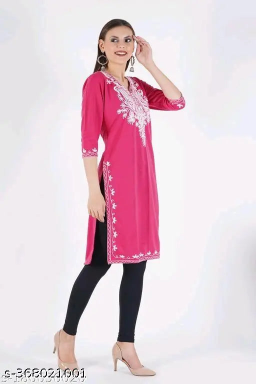 Stylish Wool Fleece Embroidered A-Line Kurta for Women | Pink Kurti | Embroidered Woolen Kurti | Winter A-Line Kurta | Party Wear Wool Kurti | Winterwear For Women |