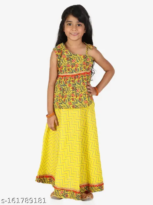 Superminis Girls Yellow Red Printed Ready to Wear One Shoulder Cotton Lehenga Choli