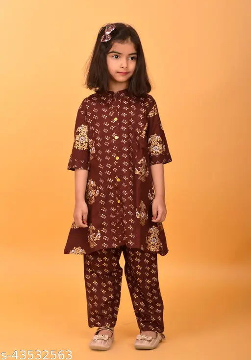 Maroon Floral Printed Kurti and pant set for girls