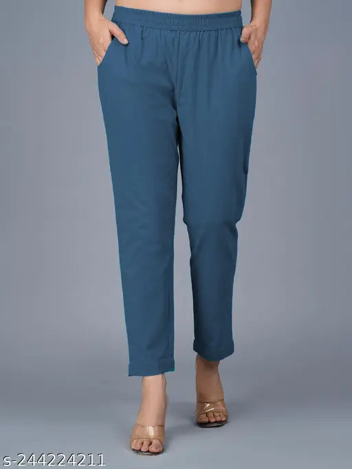 Quaclo Combo of 2 Cotton Women Teal Blue and Grey Trouser Pants