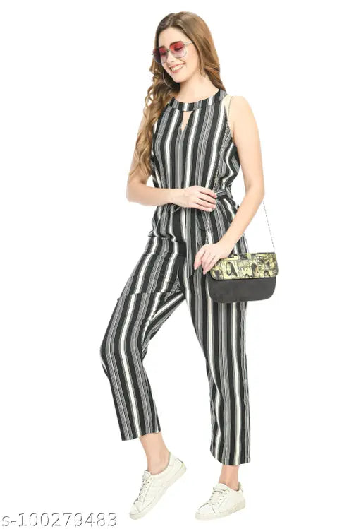 PREEGO Women Black & White Striped basic Jumpsuit