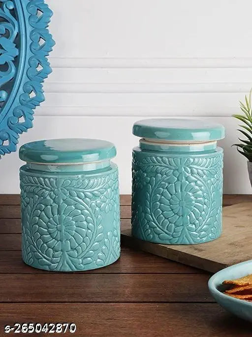 Ceramic Floral Jar Green Set | Ceramic Martban | Achar barni 900 ml (Green, Set of 2)