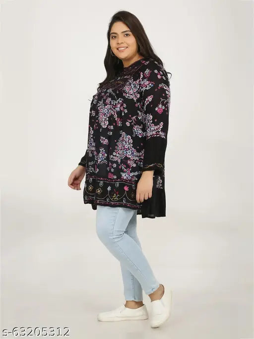 Veldress Black Floral Print Round Neck Top