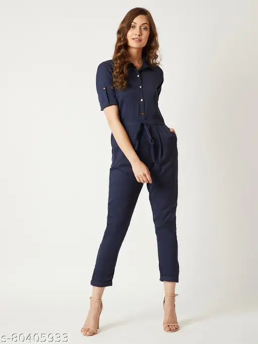 Miss Chase Women's Solid Round Neck Navy Blue Jumpsuits