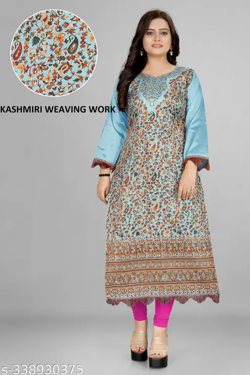 THIS IS MOST DEMANDED PURE PASHMINA SILK WITH KASHMIRI WORK SOFT SILK JACQUARD KURTI FOR GIRL'S & WOMEN , DAILY WEAR KURTI , OFFICE WEAR KURTI , CASUAL WEAR KURTI , FESTIVE WEAR KURTI , TRENDING KURTI