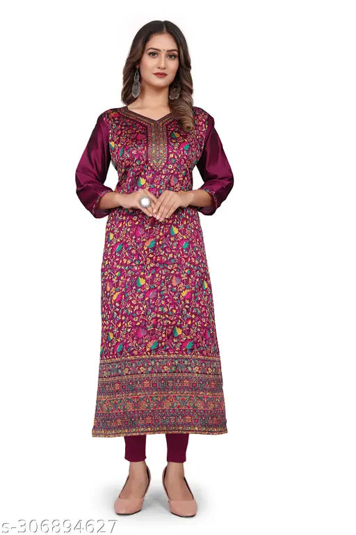 Women's Embroidered Floral Print Pushmina Straight Kurti(Purple)