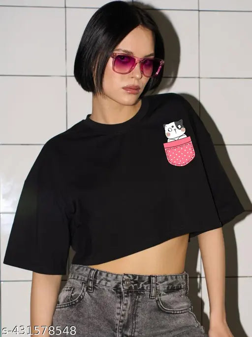 Excuse Me Polka Cat -Black Color Half Sleeve Cropped T-Shirts Drop Shoulder Round Neck Crop Tops Casual Summer Solid Color Women's & Girl's Basic Tees