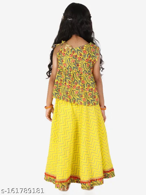 Superminis Girls Yellow Red Printed Ready to Wear One Shoulder Cotton Lehenga Choli