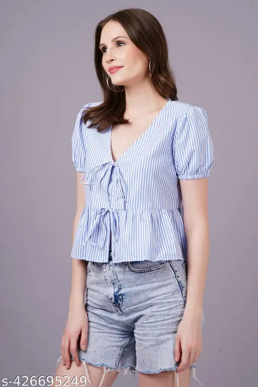 MINGLAY Woman Blue Poly Cotton Stripe Half Sleeve V Neck A-line Blouse