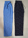 Women Royal Blue/Black Pack Of 2 Printed Pure Cotton Pyjamas.pajamas.payzamas.Combo Pack Of 2