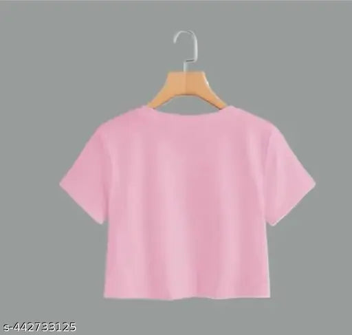 Cute women crop top cartoon printe&round reck pink color combo set