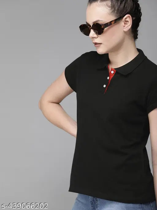 Women Polo Collar Solid T-Shirt