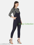 Dimpy Garments Navy Full Length Women Dungaree Dress with Striped Top