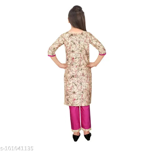 Sevgi Girl's Chanderi Cotton Blend Printed Kurti with Trousers Set