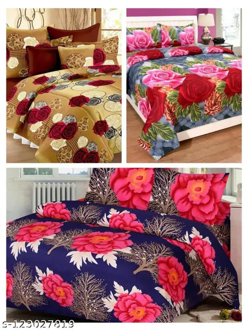 Disha Creations Combo of 3 Double bed King size(90*90) bedsheets with 6 pillow covers