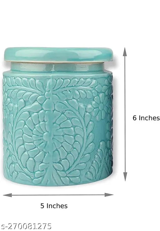 SOULCRAFTZ Ceramic Floral Jar || Pickle jar Storage Container || Cookie jars || Multi Utility Storage Jar || 1000 ml ceramic jars || Kitchen storage jars || Spice storage jars || Spice storage jars || Turquoise jar || Set of 2 ||