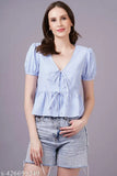 MINGLAY Woman Blue Poly Cotton Stripe Half Sleeve V Neck A-line Blouse