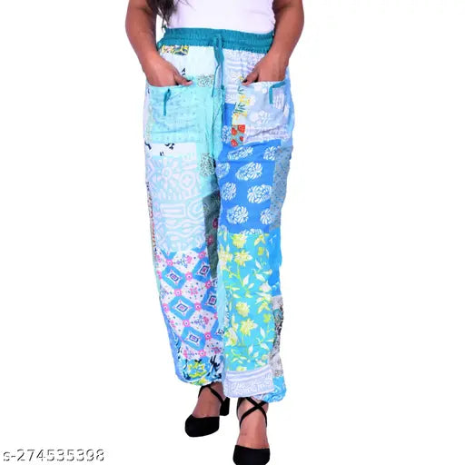 Patchwork Hub Rayon Pajama for Women | Lounge Pants For Women | Bohemian Print Patch Pyjama