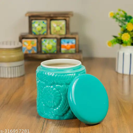 Ceramic floral jar Set| Ceramic martban | Achar barni 900 ml Jar Set (Green - Pack of 2)