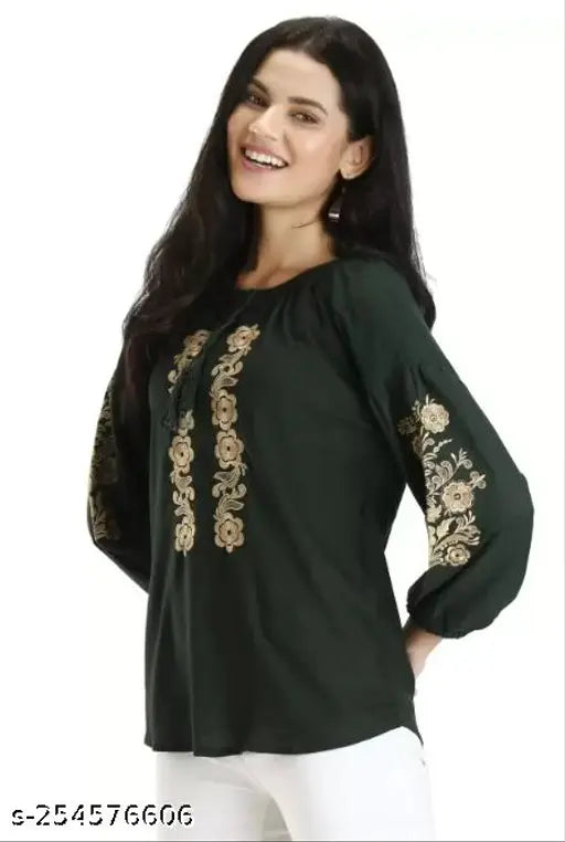 Comfy Latest Women Tops & Tunics Women Embroidered Viscose Rayon Flared Kurta (GREEN) WOMEN TOP AND TUNIC ORANGE GREEN EMBROIDERY TOP FOR GIRLS AND WOMENTOP WITH THREE QUATER SLEEVE WITH BORDER EMBROIDERY ON SLEEVE