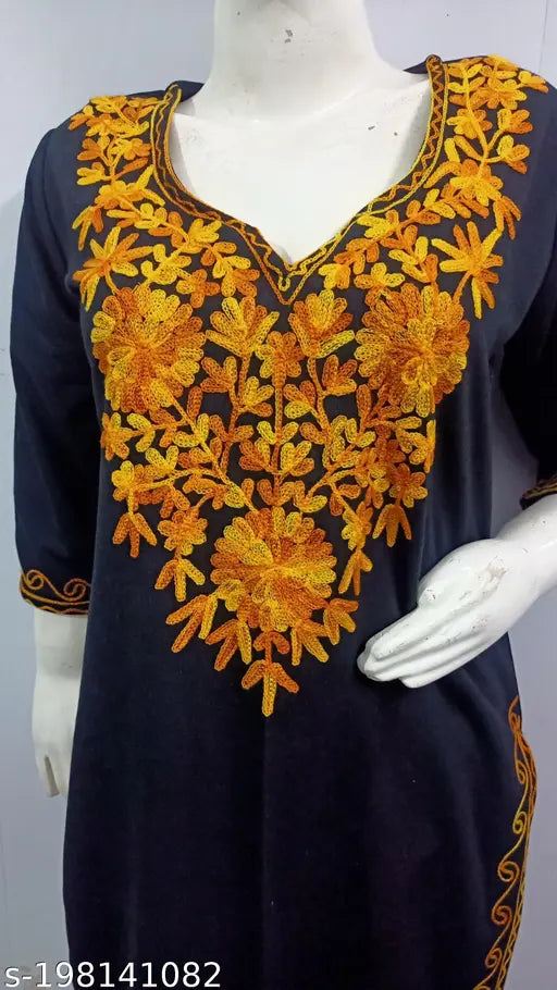 Black Woolen Kurti with Yellow Kashmiri Style Embroidered for Women