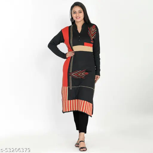 Women's Straight Printed Black Woollen Kurti