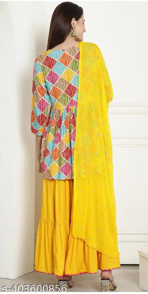 Kamayra Bandhani Print Kurta with Sharara & Dupatta